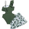 imageGirls Bathing Suit Ruffle Asymmetrical Neck Cut Out Swimsuit and Tropical Tiered Beach Skirts Cover UpArmy Green