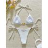 imageWomens 2 Piece Beaded String Bikini Sets Triangle Halter Neck Bathing Suit Padded SwimsuitWhite