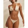 imageWomens 2 Pieces Bikini Set 3D Floral Crochet Knit Halter Bathing Suit SwimwearApricot