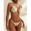 imageWomens 2 Pieces Bikini Set 3D Floral Crochet Knit Halter Bathing Suit SwimwearApricot