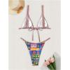 imageWomens 2 Pieces Bikini Set Graphic Backless Swimsuit Bow Tie Triangle BeachwearMulticolor