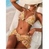 imageWomens 3 Piece Floral Print Halter Triangle Swimsuit Ruffle Cheeky String Bathing Suit with Cover UpYellow