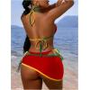 imageWomens 3 Piece Swimsuit Color Block String Bikini Sets Halter Triangle Bathing Suit Swimwear with Cover Up SkirtRed