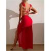 imageWomens 3 Piece Swimsuit Sets Tie Back Ruffle Bikini Triangle Bathing Suit with Split Beach SkirtsRed