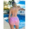 imageWomens 3 Piece Triangle Bikini Set Floral Boho Halter Swimsuit Bathing Suit with Cover Up SkirtPink