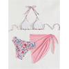 imageWomens 3 Piece Triangle Bikini Set Floral Boho Halter Swimsuit Bathing Suit with Cover Up SkirtPink