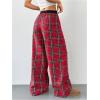 imageWomens Baggy Tartan Plaid Print Pants Wide Leg Drawstring Waist Long Trousers StreetwearRed