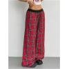imageWomens Baggy Tartan Plaid Print Pants Wide Leg Drawstring Waist Long Trousers StreetwearRed