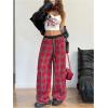 imageWomens Baggy Tartan Plaid Print Pants Wide Leg Drawstring Waist Long Trousers StreetwearRed
