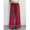 imageWomens Baggy Tartan Plaid Print Pants Wide Leg Drawstring Waist Long Trousers StreetwearRed