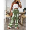 imageWomens Boho Graphic Wide Leg Pants Drawstring High Waisted Vacation Shirred TrousersGreen
