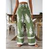 imageWomens Boho Graphic Wide Leg Pants Drawstring High Waisted Vacation Shirred TrousersGreen
