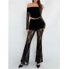 imageWomens High Waisted Lace Flare Leggings Sheer Skinny Colorblock Bell Bottoms Party PantsBlack