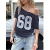 imageWomens Jersey Y2K Graphic One Shoulder Number Print Streetwear T Shirts Short Sleeve Loose Casual Tee TopsDark Blue