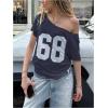 imageWomens Jersey Y2K Graphic One Shoulder Number Print Streetwear T Shirts Short Sleeve Loose Casual Tee TopsDark Blue