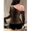 imageWomens Leopard Off Shoulder T Shirt Long Sleeve Slim Fit Y2k Tee TopsMocha Brown
