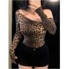 imageWomens Leopard Off Shoulder T Shirt Long Sleeve Slim Fit Y2k Tee TopsMocha Brown