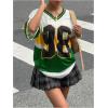 imageWomens Number Print Y2K Jersey Shirts V Neck Half Sleeve Colorblock Tees Casual Drop Shoulder TopsGreen