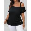 imageWomens Plus Size Asymmetrical Off Shoulder T Shirt Button Ruched Summer Casual Tee TopsBlack