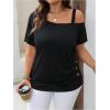 imageWomens Plus Size Asymmetrical Off Shoulder T Shirt Button Ruched Summer Casual Tee TopsBlack