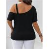 imageWomens Plus Size Asymmetrical Off Shoulder T Shirt Button Ruched Summer Casual Tee TopsBlack
