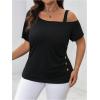 imageWomens Plus Size Asymmetrical Off Shoulder T Shirt Button Ruched Summer Casual Tee TopsBlack