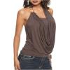 imageWomens Plus Size Beaded Halter Top Sleeveless Slim Fit Draped Ruched Y2K TopsBrown