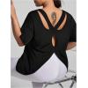 imageWomens Plus Size Cut Out Criss Cross Back Tee Open Back Short Sleeve Crew Neck Athletic Workout TopsBlack