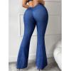 imageWomens Plus Size Skinny Flare Pants High Waisted Denim Print Bell Bottoms Long TrousersBlue