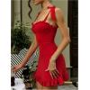 imageWomens Ruffle Hem Cami Dress Tie Strap Bodycon Dresses Vacation Party Mini DressRed