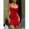 imageWomens Ruffle Hem Cami Dress Tie Strap Bodycon Dresses Vacation Party Mini DressRed