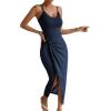 imageWomens Sexy Twist Front Wrap Hem Bodycon Dress Spaghetti Strap Split Thigh Ribbed Knit Cami DressesNavy Blue