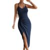 imageWomens Sexy Twist Front Wrap Hem Bodycon Dress Spaghetti Strap Split Thigh Ribbed Knit Cami DressesNavy Blue