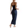 imageWomens Sexy Twist Front Wrap Hem Bodycon Dress Spaghetti Strap Split Thigh Ribbed Knit Cami DressesNavy Blue