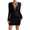 imageWomens Sheer Mesh Mini Bodycon Pencil Dress Crewneck Long Sleeve Dresses ClubwearBlack