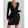 imageWomens Sheer Mesh Mini Bodycon Pencil Dress Crewneck Long Sleeve Dresses ClubwearBlack