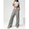 imageWomens Striped Wide Leg Pants Elastic Waist Letter Patched Long Trousers with PocketsBlack and White