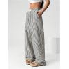 imageWomens Striped Wide Leg Pants Elastic Waist Letter Patched Long Trousers with PocketsBlack and White