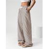 imageWomens Striped Wide Leg Pants Elastic Waist Letter Patched Long Trousers with PocketsBrown