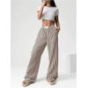 imageWomens Striped Wide Leg Pants Elastic Waist Letter Patched Long Trousers with PocketsBrown