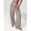 imageWomens Striped Wide Leg Pants Elastic Waist Letter Patched Long Trousers with PocketsBrown