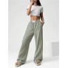 imageWomens Striped Wide Leg Pants Elastic Waist Letter Patched Long Trousers with PocketsGreen