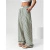 imageWomens Striped Wide Leg Pants Elastic Waist Letter Patched Long Trousers with PocketsGreen