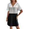 imageWomens Summer Dress Colorblock Short Sleeve Half Zip Hooded T Shirt Dress Loose Tunic DressMulticolor