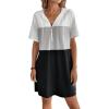 imageWomens Summer Dress Colorblock Short Sleeve Half Zip Hooded T Shirt Dress Loose Tunic DressMulticolor