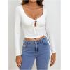 imageWomens Tie Front Cut Out TShirt Deep V Neck Long Sleeve Slim Fit Fall TeesWhite