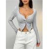 imageWomens Twist Sweetheart Neck T Shirt Ribbed Knit Long Sleeve Crop Tops Going Out TeesGrey