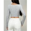 imageWomens Twist Sweetheart Neck T Shirt Ribbed Knit Long Sleeve Crop Tops Going Out TeesGrey