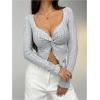 imageWomens Twist Sweetheart Neck T Shirt Ribbed Knit Long Sleeve Crop Tops Going Out TeesGrey