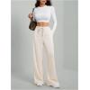 imageWomens Wide Leg Ribbed Knit Pants Drawstring Waist Low Rise Casual Long TrousersApricot
